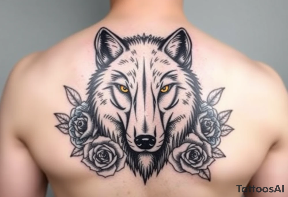 All black wolf(front facing) with orange eyes surrounded by blue roses tattoo idea