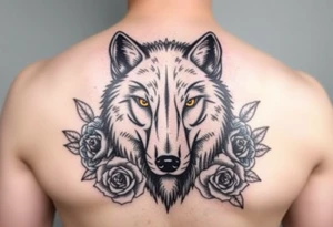 All black wolf(front facing) with orange eyes surrounded by blue roses tattoo idea