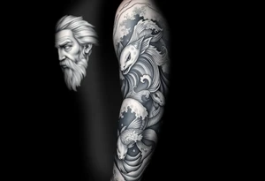 Full left arm tattoo sleeve with the Greek gods, Zeus. Zeus' face is at the left shoulder, and the Corinthian at the bicep. On the Left forearem will have Japanese style waves with Koi fish tattoo idea