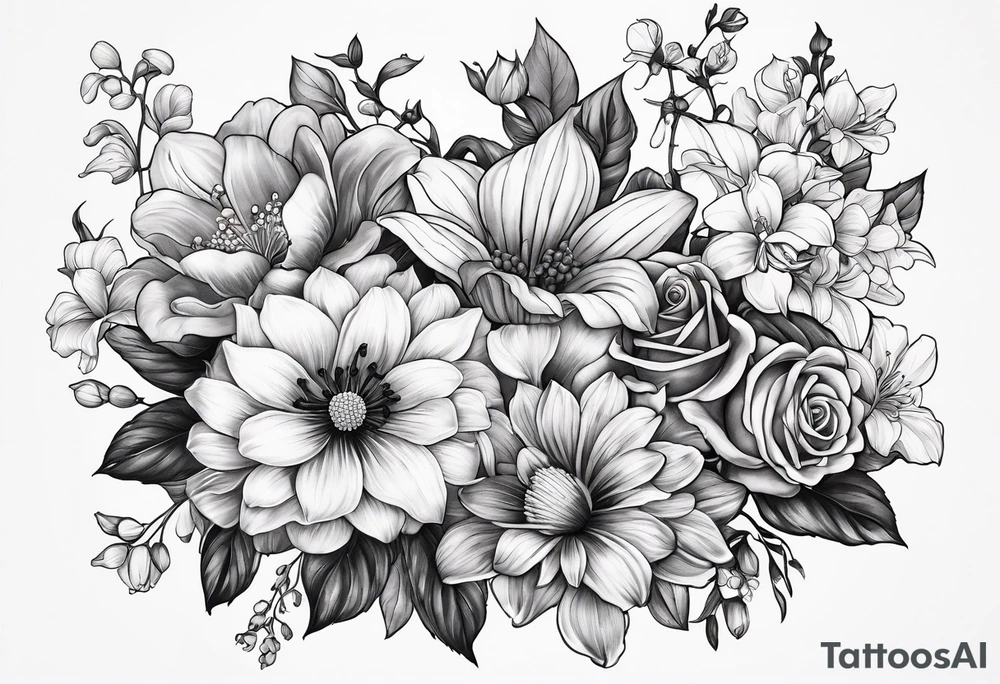 Bouquet of roses, violets, chrysanthemums, morning glories, and lily of the valley tattoo idea
