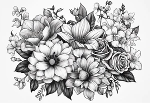 Bouquet of roses, violets, chrysanthemums, morning glories, and lily of the valley tattoo idea