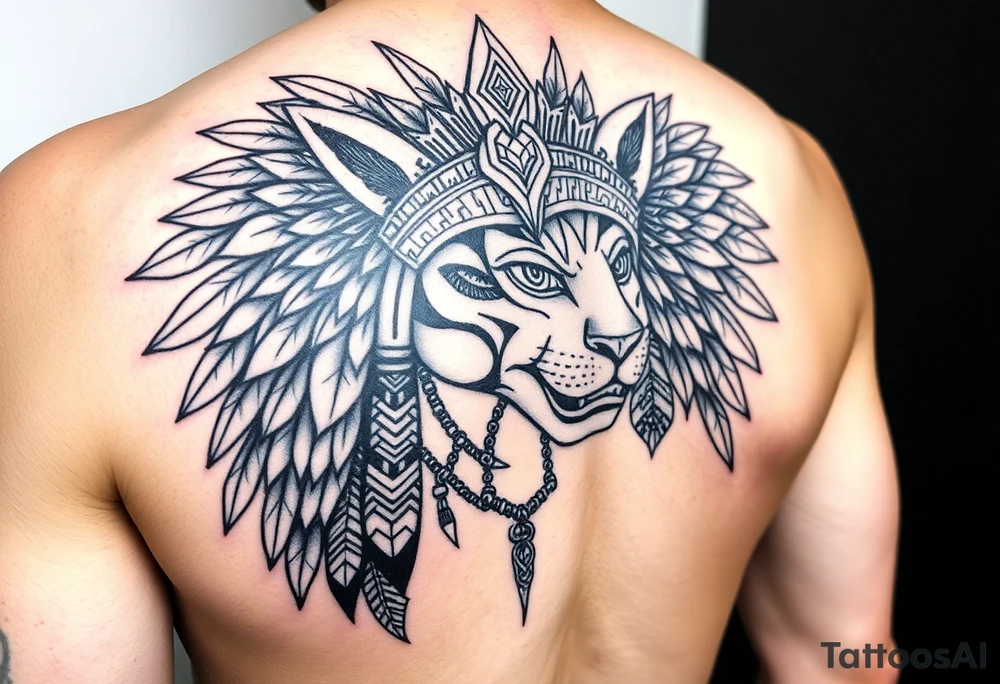 Aztec princess with a panther headdress with gold accents tattoo idea