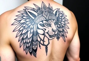 Aztec princess with a panther headdress with gold accents tattoo idea
