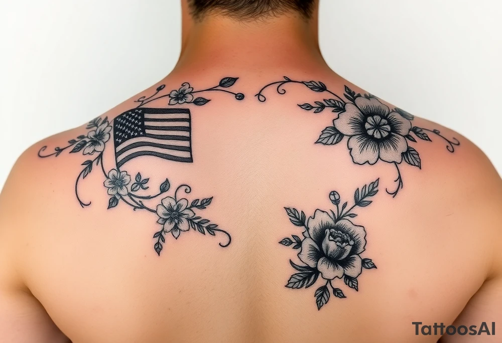 Small, feminine tattoo for placement on my clavical or lower back that reflects new life journey, delicate florals, ornaments and vines. Include U.S and Mexican flags and images of Mexican flowers. Style as if painted on a Mexican tile and include red, green and blue accents. Add color the bottom right design above tattoo idea