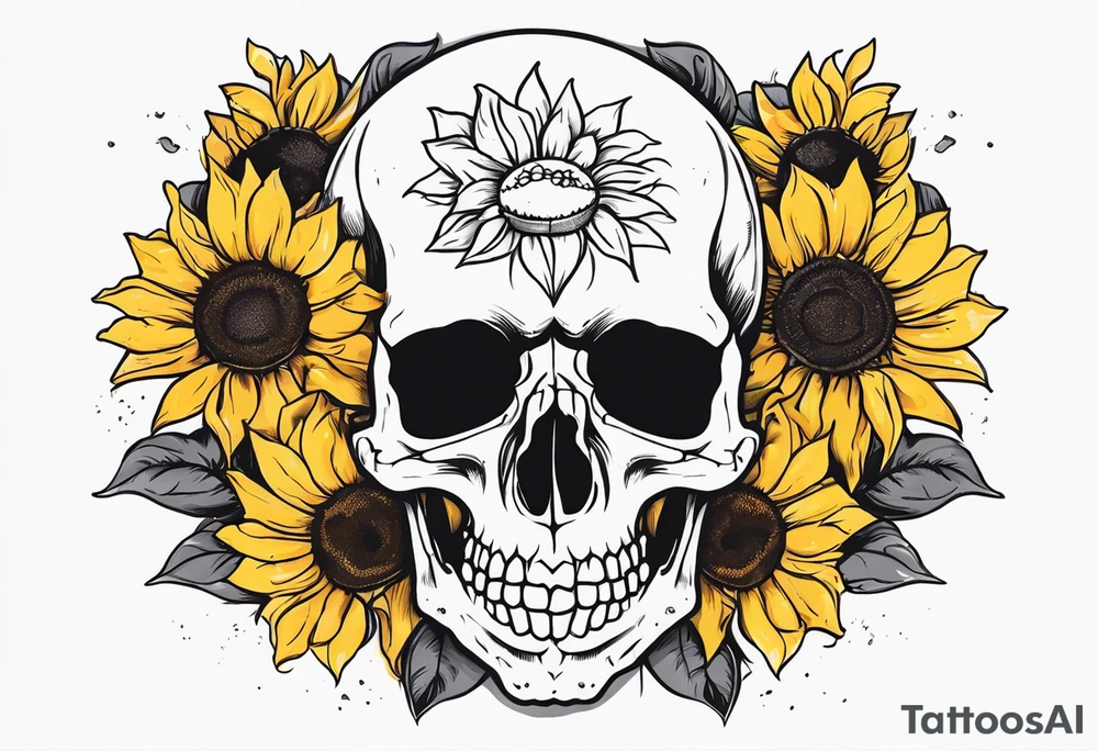 skull surrounded by sunflowers tattoo idea