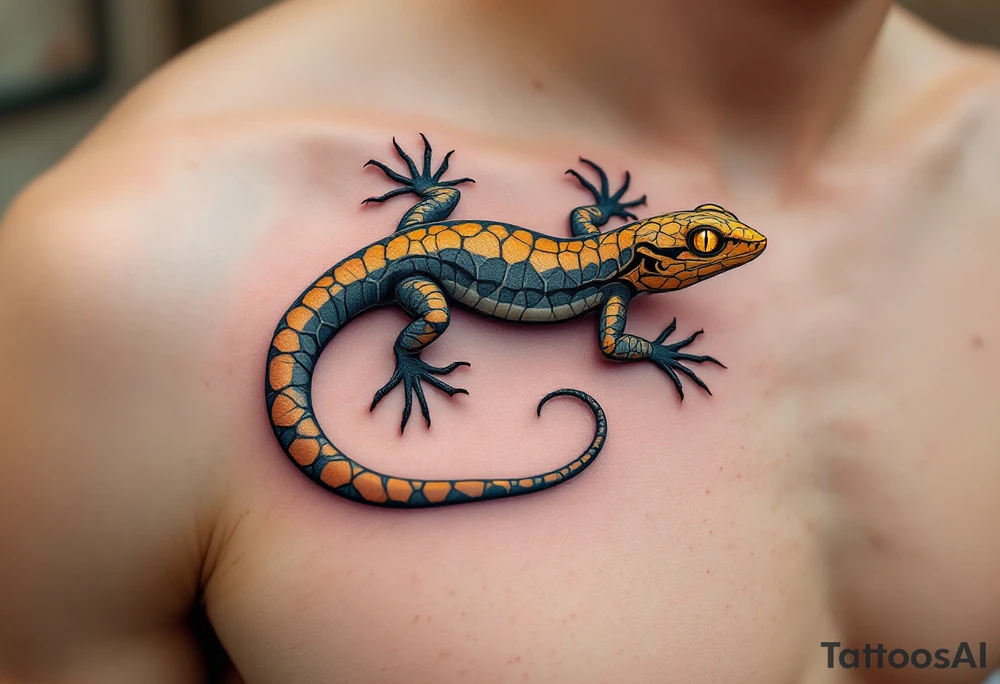 Tribal desert lizard with cracked earth texture – A sleek, agile lizard in motion, designed with tribal curves and sharp angles along its spine. Its skin mimics the pattern of sunbaked, cracked earth, blending tones of burnt orange, dusty brown, and charcoal black. The tail coils elegantly, forming a spiral, while the eyes gleam in golden yellow, symbolizing survival, transformation, and primal instincts. tattoo idea