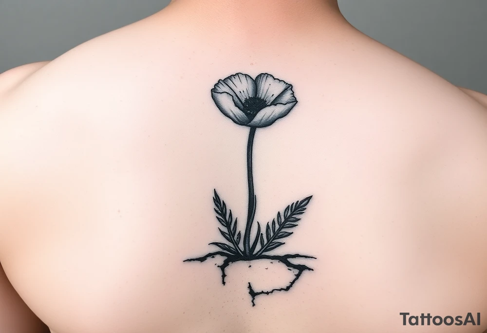 Simple poppy growing up from cracks in pavement watercolor-esque coloring on poppy only tattoo idea