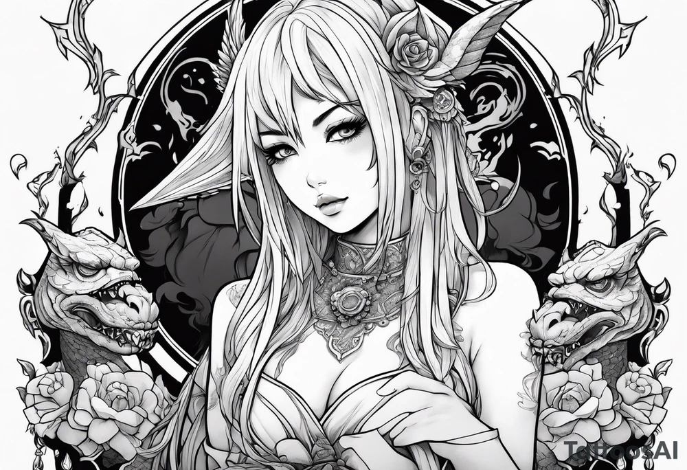2 dimensional art of a bleeding anime girl surrounded by an asian gargoyle tattoo idea