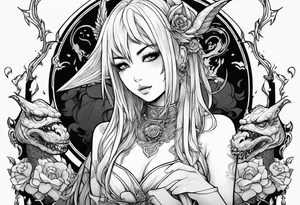 2 dimensional art of a bleeding anime girl surrounded by an asian gargoyle tattoo idea
