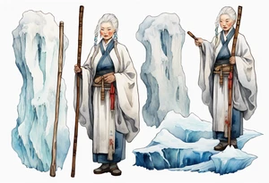 a 40 year old Sami woman with white hair and a white robe holding a long white wood stick, standing on an iceberg tattoo idea