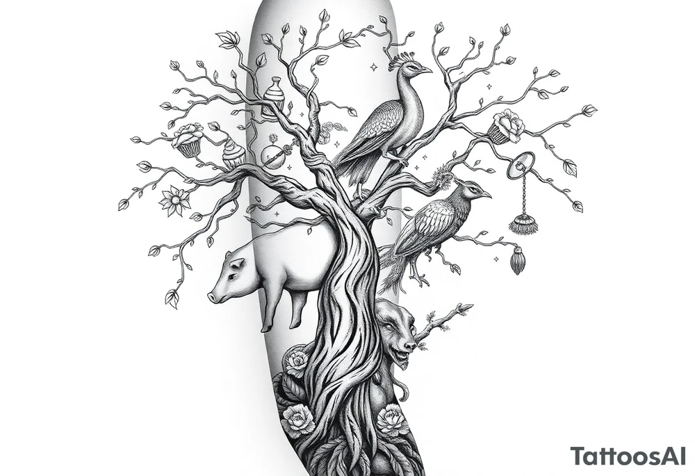 mystical tree with  and celestial branches fat naked sexy woman , peacock , pig , cupcakes, liquor, cigerette, Storm clouds, pig, peacock , fat sexy naked fat woman, cupcakes, noose , money, goat lion, man having sex, cigerette storm lightening, killing, darkness death, violent majestic creatures tattoo idea