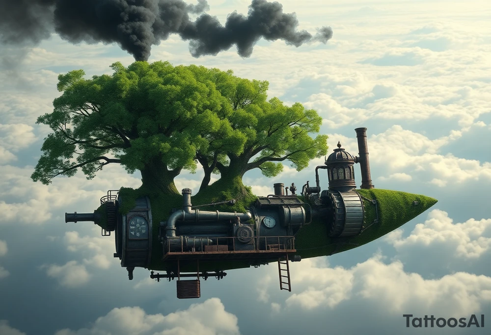 tree growing out of a v shaped engine with lots of pipes, guages and steam around the engine 
 with a smoke stack coming out of the top 
 billowing black smoke as if the tree and engine were a flying machine flying through the air 
 with an extreme steam punk vibe alot more steam punk 
it should look somewhat like a hot air baloon where the tree is the balloon and the machine is the basket but they are together as one unit, and the sky should have clouds in the back ground as if it were chugging along flying through the sky and needs to look extremely steam punk
the smoke stack should be coming out of the tree and the smoke should be trailing behind the machine 
the tree is the actual smoke stack for the machine 
the smoke stack should be a branch pointing up and out with smoke billowing out of it 
and the motor should be a motor that is kind of shaped like the letter V
and there should be a little tree house built in the tree with steam punk looking windows and some stairs down to a platform on the top of the engine 
the tree house shouold be built into the tree as if it were grown into the tree tattoo idea