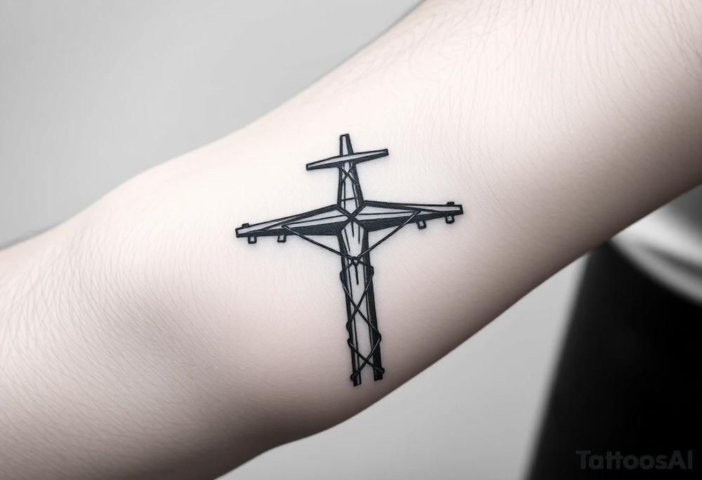 a wooden 12kv distribution pole with electrical lines. Make the pole a cross that has a hidden resemblance to god. tattoo idea