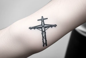 a wooden 12kv distribution pole with electrical lines. Make the pole a cross that has a hidden resemblance to god. tattoo idea
