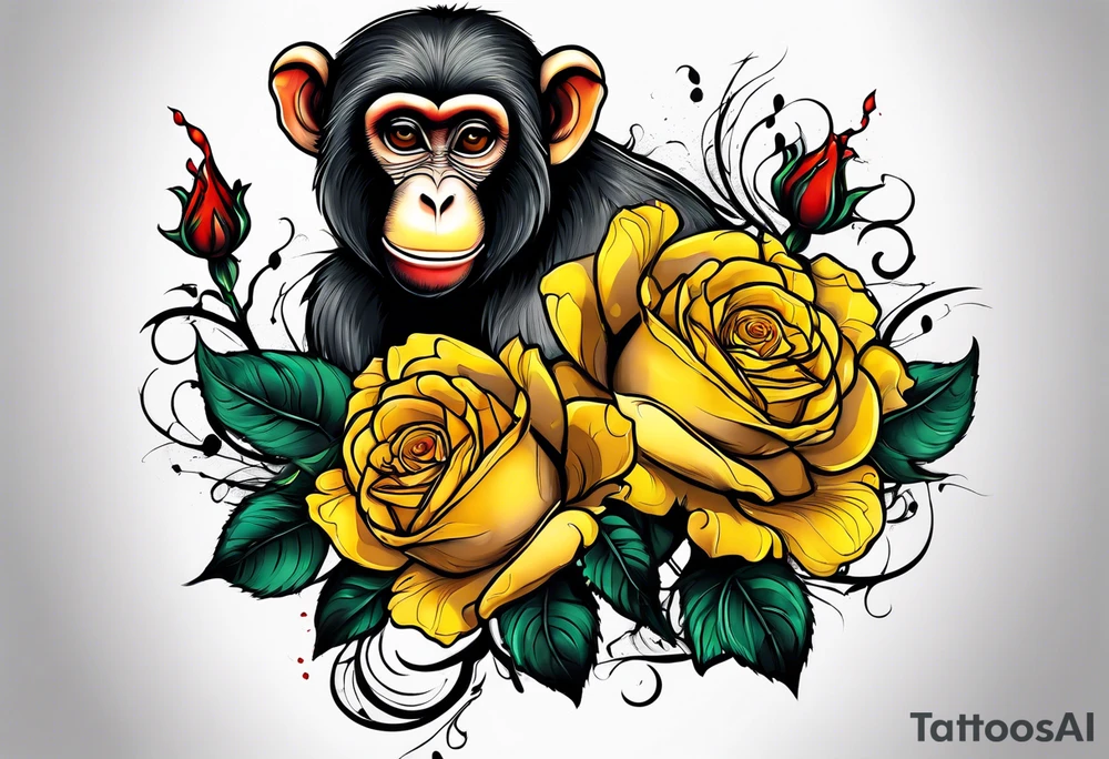 Yellow rose vine with a monkey and blood dripping from the roses tattoo idea
