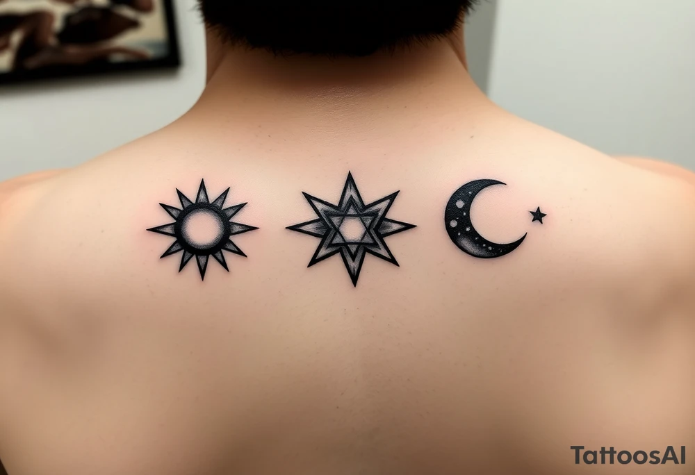 Cute sun, star and moon with three images of the same size and each one can be filled in black by three sisters and with a line running through them all linking them together tattoo idea