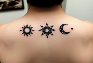 Cute sun, star and moon with three images of the same size and each one can be filled in black by three sisters and with a line running through them all linking them together tattoo idea