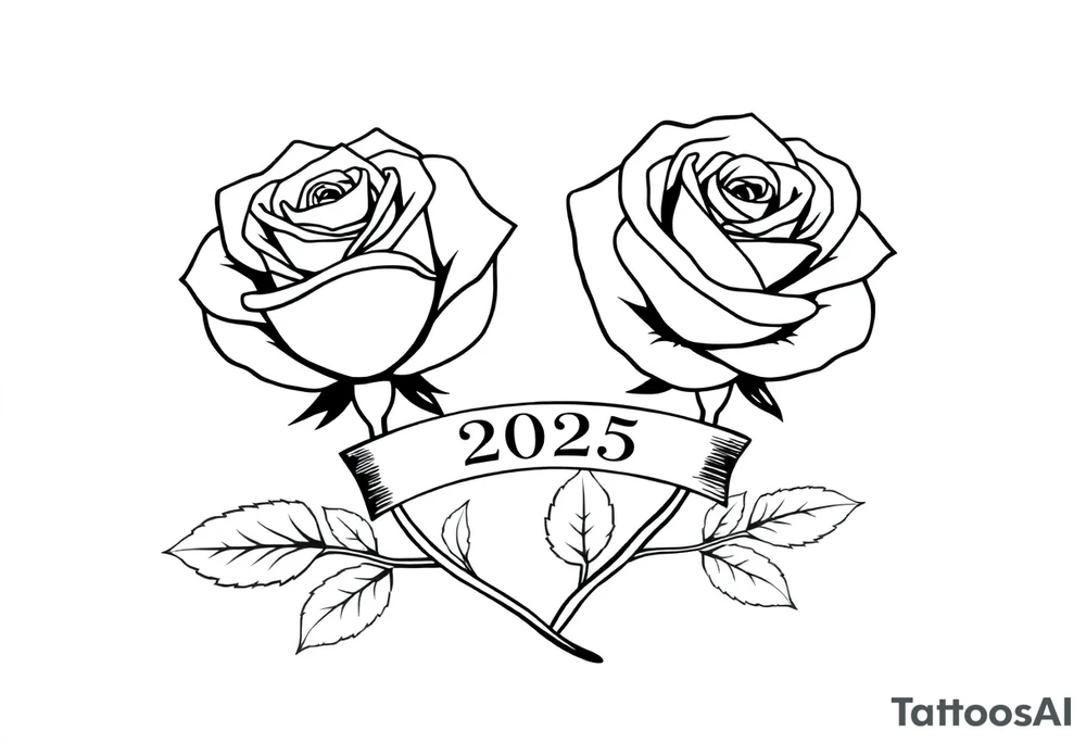 two beautiful large rose buds, one larger than the other, with many leaves next to the rose buds, with one sitting higher than the other. Include a banner connecting the two roses with the year 2025 on it.   Use dark outlines with little shading. The two stems should be short, not long, and connect and join into one stem, whimsically curved or twisted - not straight down. tattoo idea