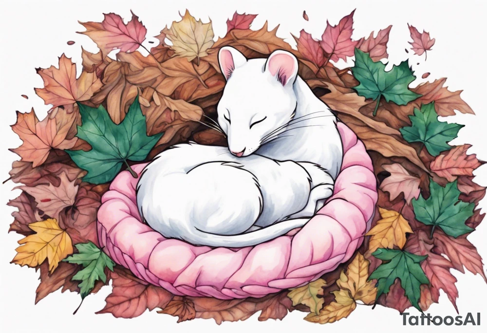 a pink ermine sleeping in a pile of leaves in a forest tattoo idea