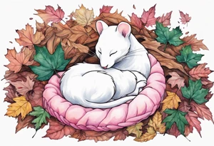 a pink ermine sleeping in a pile of leaves in a forest tattoo idea
