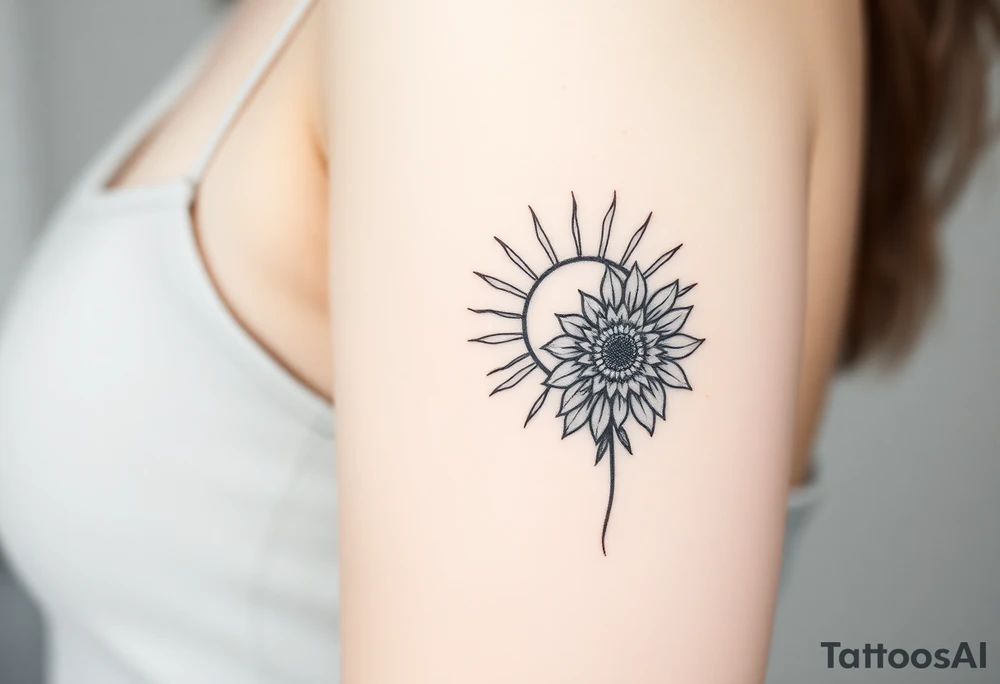 Shining Mystical sun with long  leaning sunflower sun tattoo idea