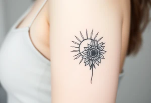 Shining Mystical sun with long  leaning sunflower sun tattoo idea