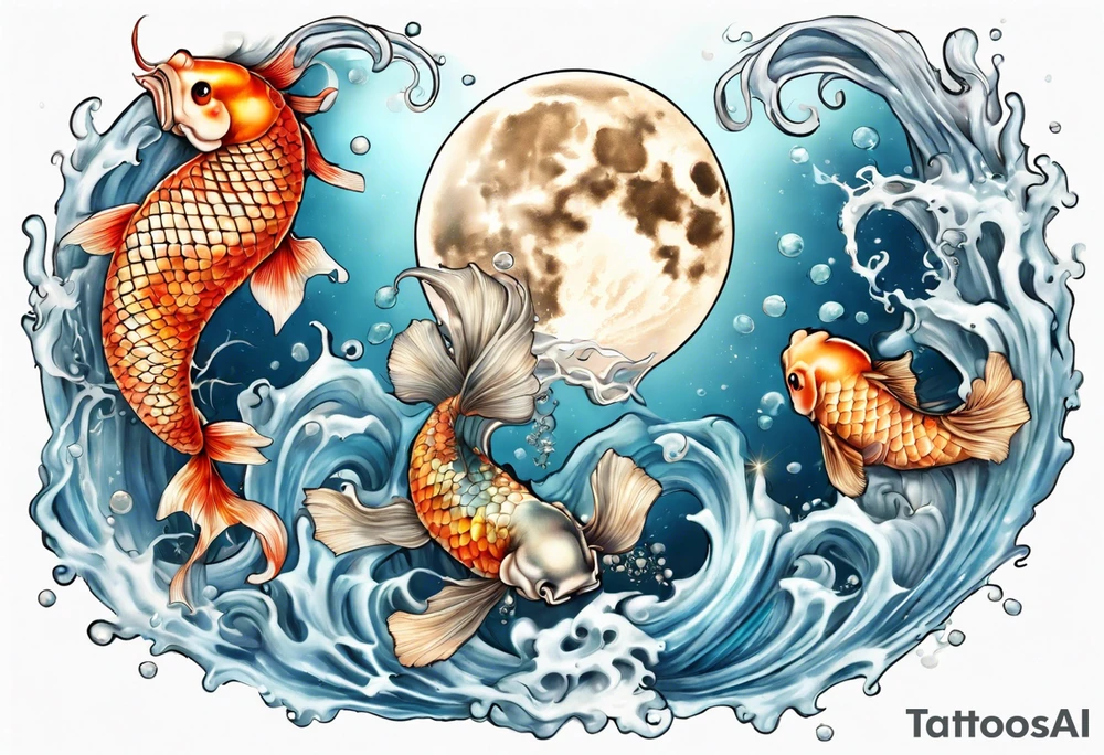 Water scene, featuring koi karp, jellyfish, seahorses and the moon. With nods to Pisces. tattoo idea