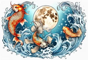 Water scene, featuring koi karp, jellyfish, seahorses and the moon. With nods to Pisces. tattoo idea