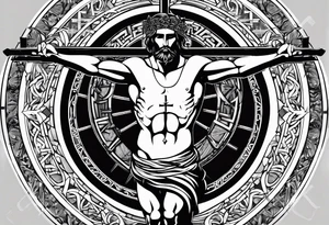 Crucified man inside a circle of Roman numerals tattoo idea