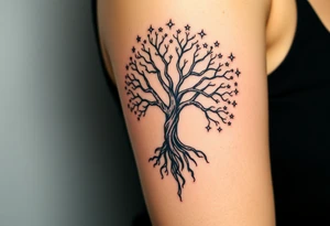 mystical tree of life with cosmic roots and celestial branches, stars tattoo idea