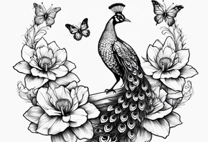 Peacock feather, butterfly, narcissus flower and hummingbird tattoo idea