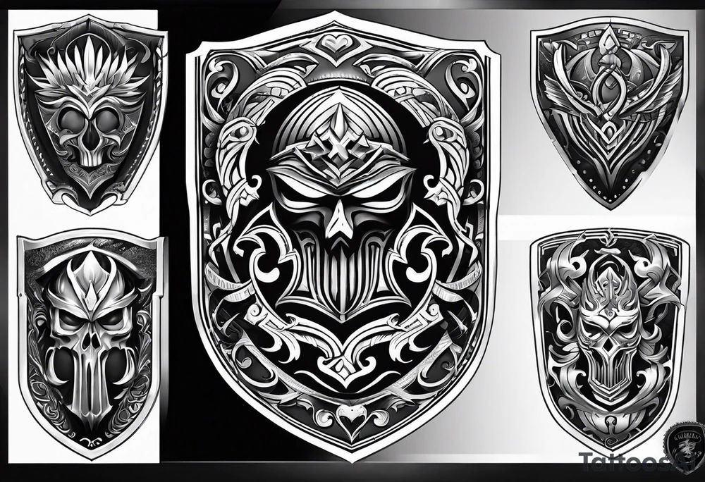 shield shadowy figures inside tattoo idea