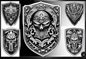 shield shadowy figures inside tattoo idea