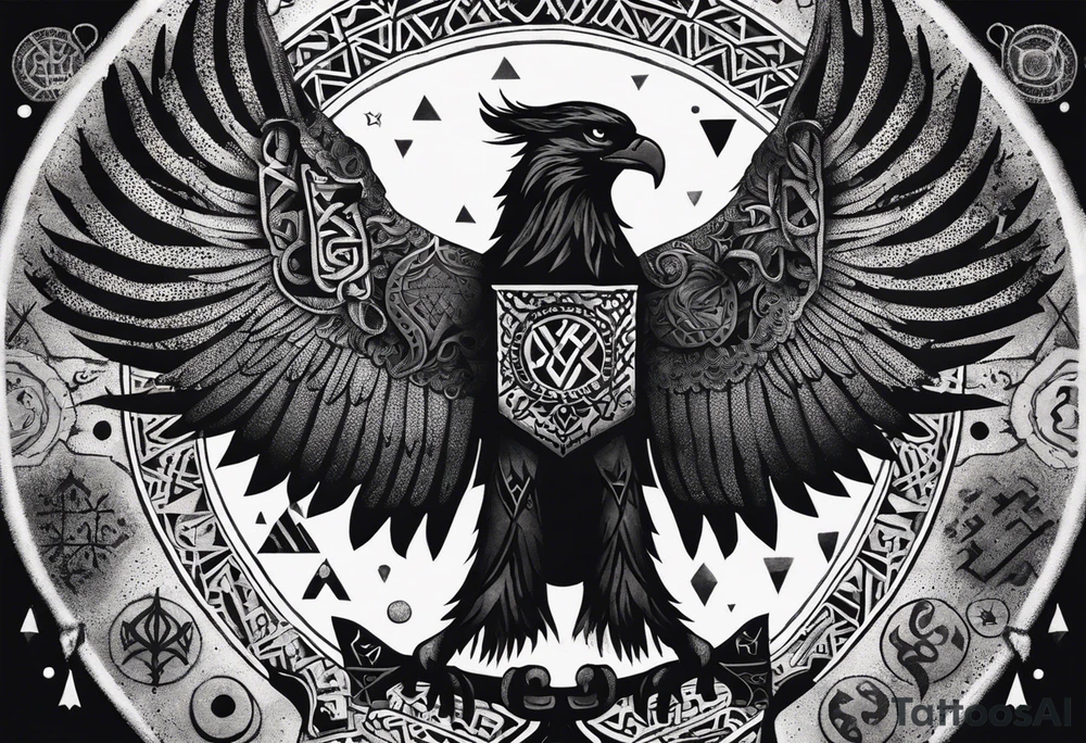 Polish eagle surrounded by viking runes sitting on the tree of life, scattered random geometric shapes and ancient artifacts, include Bruce Springsteens simply the best song it will be a long sleeve tattoo tattoo idea