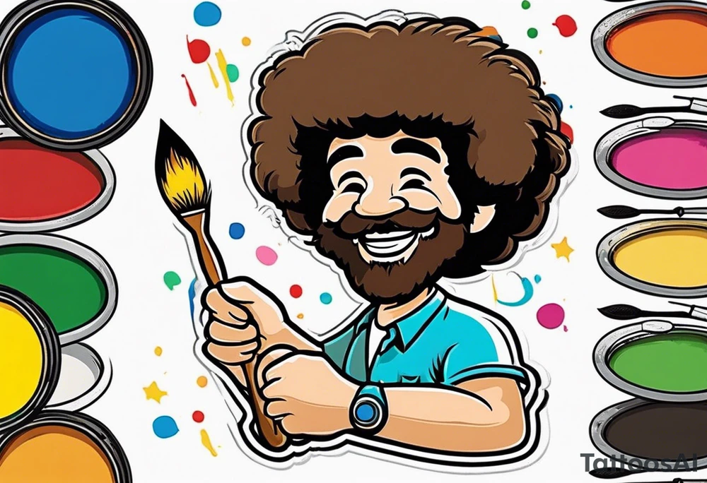 Bob Ross with a paint brush in one hand, paint palette in the other hand. tattoo idea