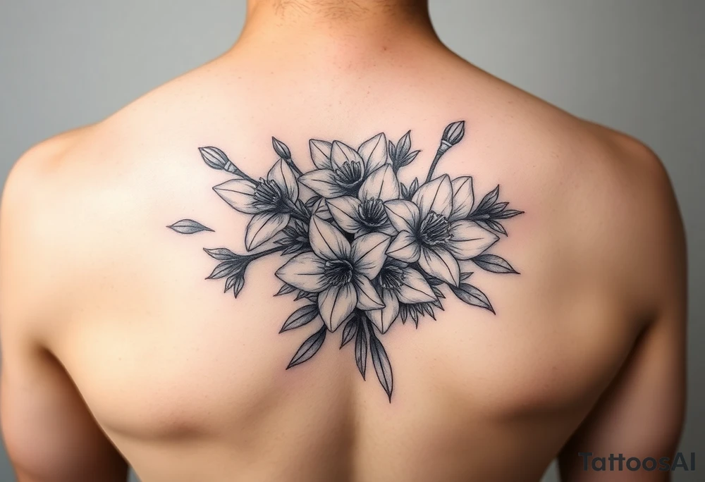 Bouquet of cherry blossoms and daffodils tattoo idea