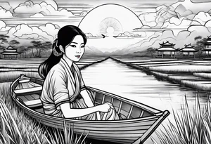 vietnamese lady on boat rice fields water sunset home clouds lanterns tattoo idea