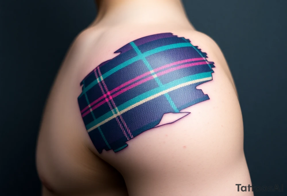 Side of arm Dark Purple with green pink blue and white highlights tartan fabric with skin peeling away at edges tattoo idea