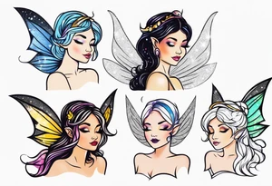 4 different fairies with sparkles and unique wings tattoo idea