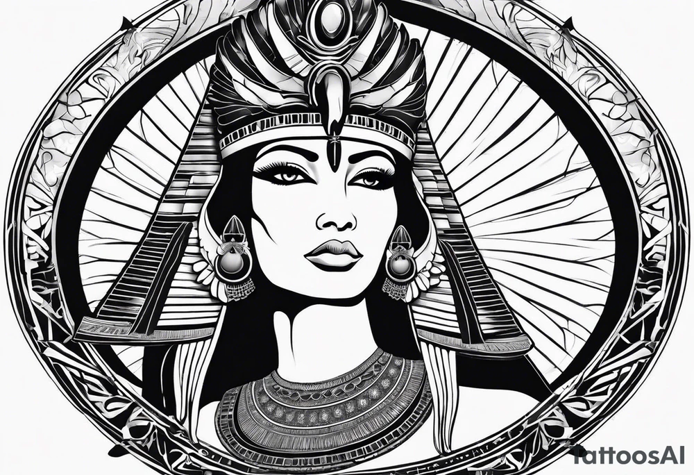 black and white Egyptian goddess Isis, who is often depicted as a woman with outstretched wings, holding an ankh (a symbol of life) in one hand and a lotus flower in the other. Her headdress often includes a throne or a solar disk. The tattoo design can vary in style and size, but it typically aims to capture the essence of this revered Egyptian deity, emphasizing her beauty, power, and maternal qualities. The choice of colors and additional elements can also be customized to create a unique and visually striking representation of the goddess Isis tattoo idea