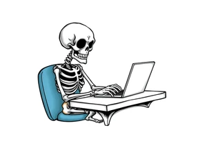 skeleton working at a desk with a laptop tattoo idea