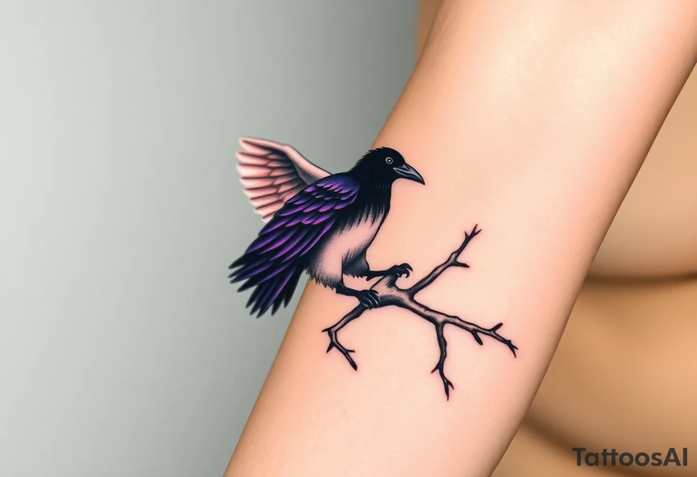 A pure white dove, soaring with soft golden light in its wings, is sharply contrasted with a black raven, its feathers shimmering in deep purples and blacks, perched ominously on a gnarled branch, symbolizing the tension between peace and darkness. tattoo idea