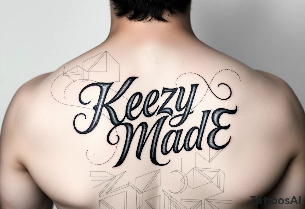 A fancy but rugged intertwined curvy lettering that would be clothing brand style that says (KeEzY MadE) tattoo idea