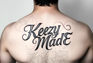 A fancy but rugged intertwined curvy lettering that would be clothing brand style that says (KeEzY MadE) tattoo idea