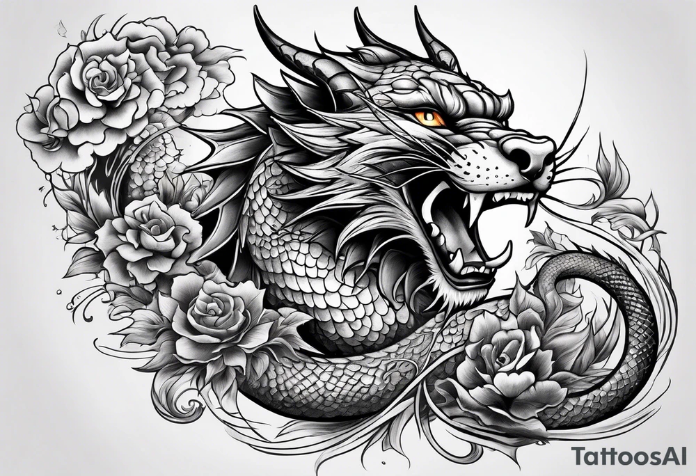 long horizontal tattoo with dragon and a cat tattoo idea