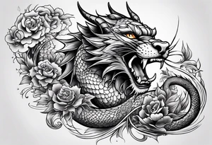 long horizontal tattoo with dragon and a cat tattoo idea