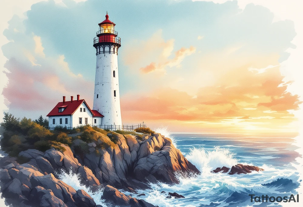 A tall, weathered white lighthouse with a bright red roof and railing, standing boldly on a rocky cliff surrounded by crashing teal-blue waves and glowing under a golden-orange sunset sky. tattoo idea