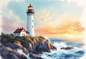 A tall, weathered white lighthouse with a bright red roof and railing, standing boldly on a rocky cliff surrounded by crashing teal-blue waves and glowing under a golden-orange sunset sky. tattoo idea