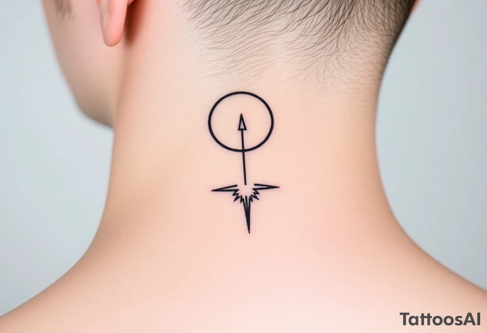 A minimalist crescent moon neck tattoo positioned just behind the ear. The crescent moon is thin and curves to the left. A sharp vertical line extends downward from the inner curve of the moon, intersecting with a symmetrical starburst shape at the center of the line. The starburst has four points — the top and bottom points are elongated, while the horizontal points are shorter, giving it a sleek and modern look. The design features clean, thin lines with a slightly hand-drawn feel, combining celestial and geometric elements. The tattoo follows the natural curve of the neck, giving it an elegant and balanced appearance. tattoo idea