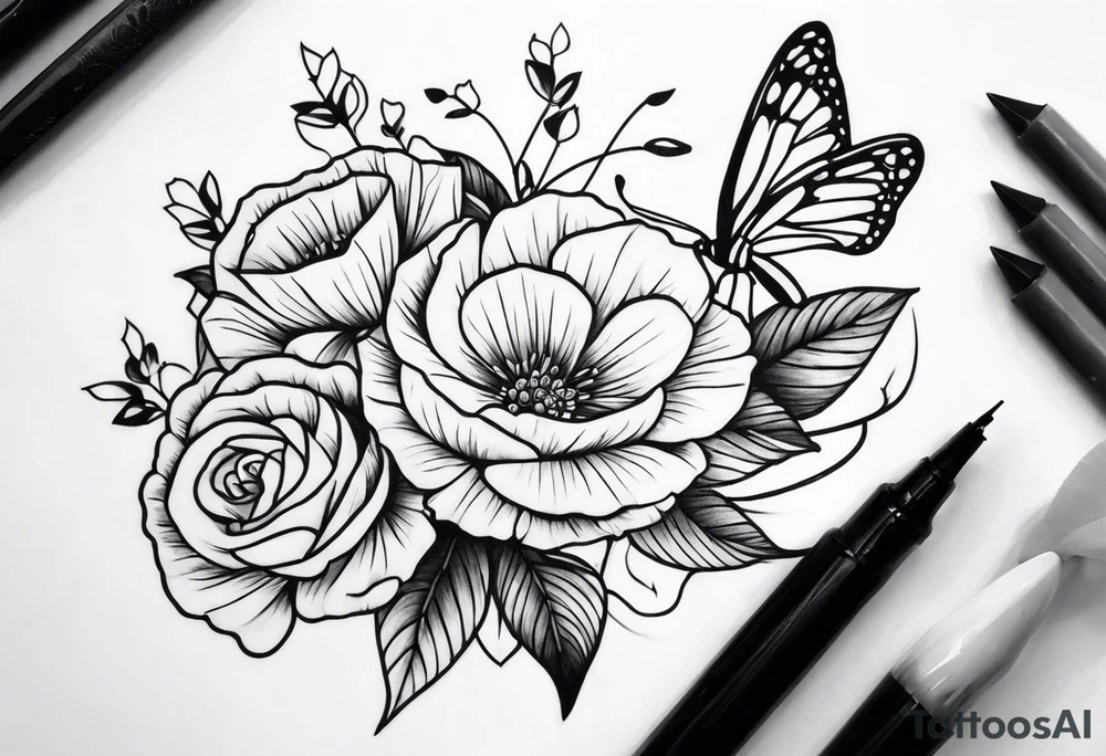 flower and butterflies on arm tattoo idea